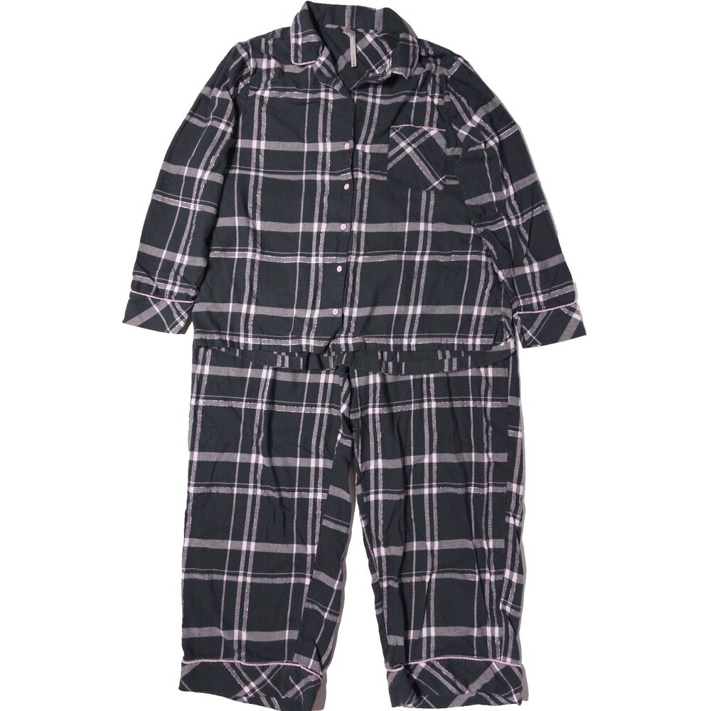 Soma 2-Piece Gray Pink Silver Stripe Plaid Flannel Pajama Set Women Size XXL